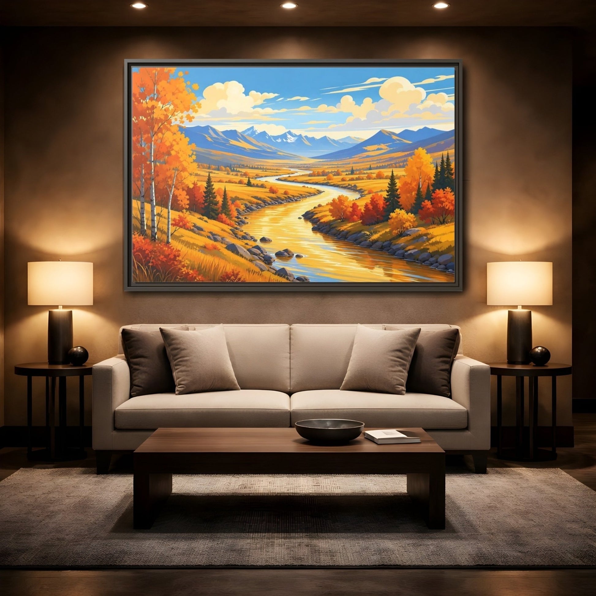 Nature River Valley Golden Autumn Framed Canvas Print – Living Room, Above Couch, - YesArtYes
