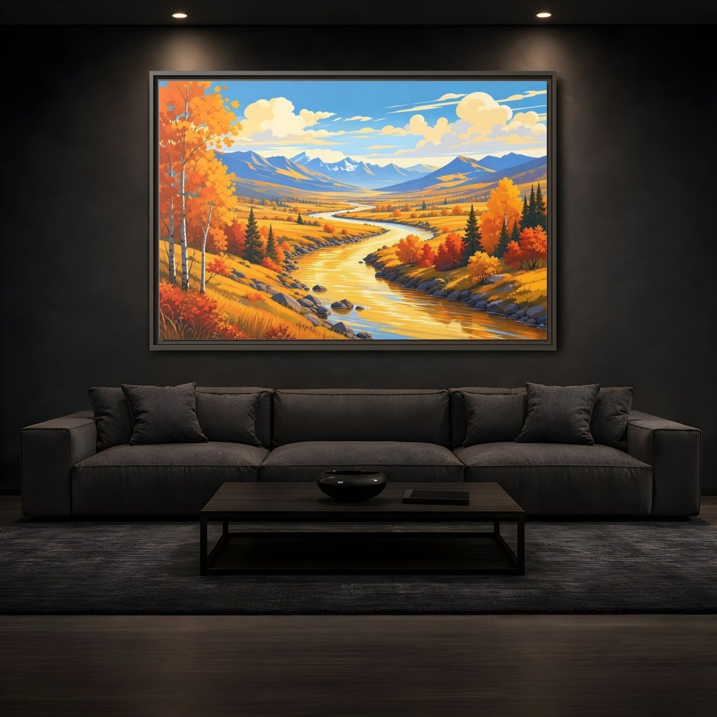 Nature River Valley Golden Autumn Framed Canvas Print – Living Room, Above Couch, - YesArtYes