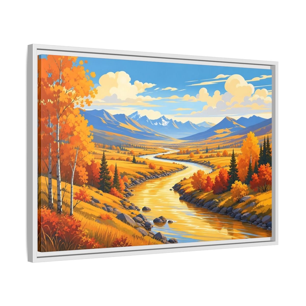 Nature River Valley Golden Autumn Framed Canvas Print – Living Room, Above Couch, - YesArtYes