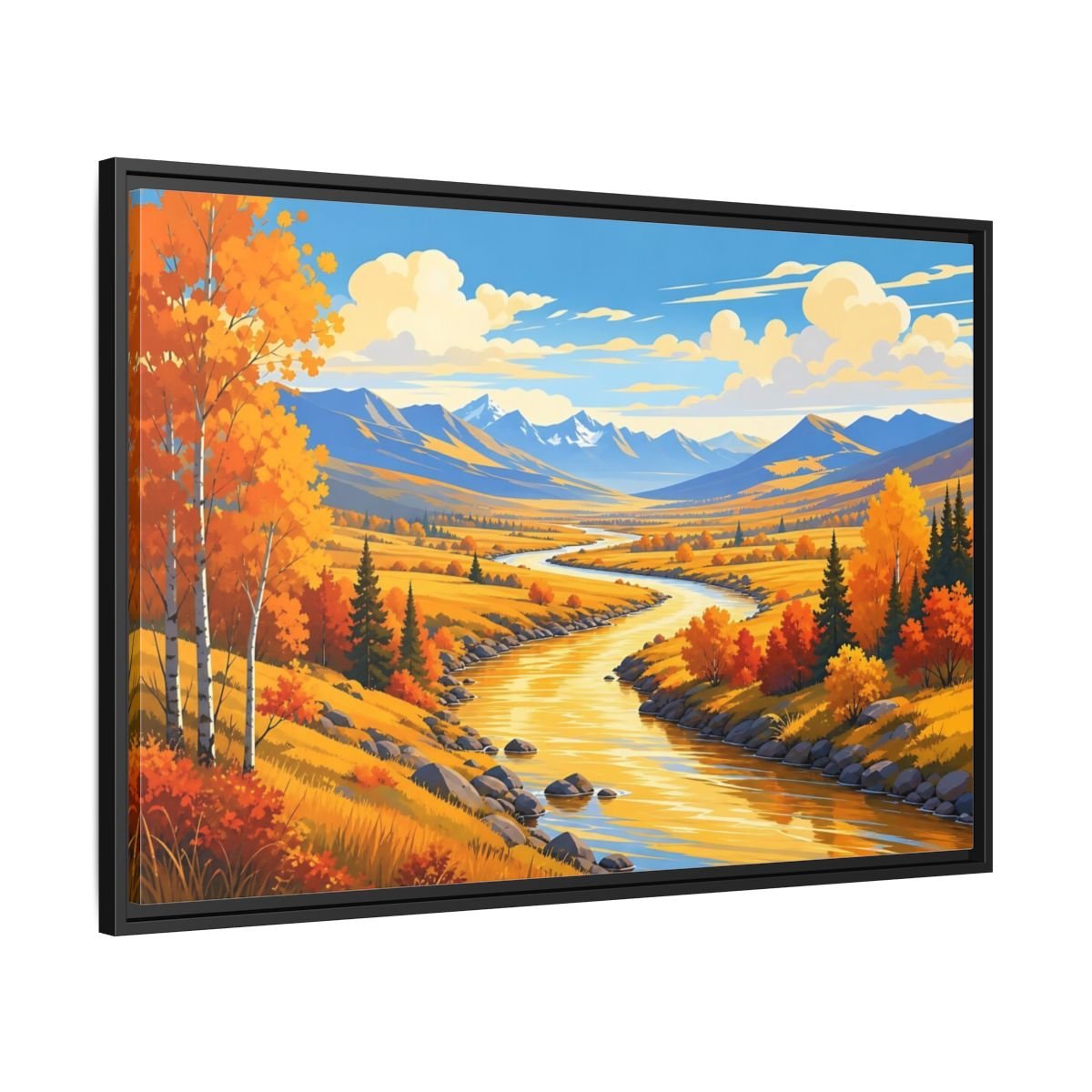 Nature River Valley Golden Autumn Framed Canvas Print – Living Room, Above Couch, - YesArtYes