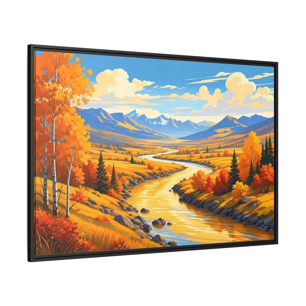 Nature River Valley Golden Autumn Framed Canvas Print – Living Room, Above Couch, - YesArtYes