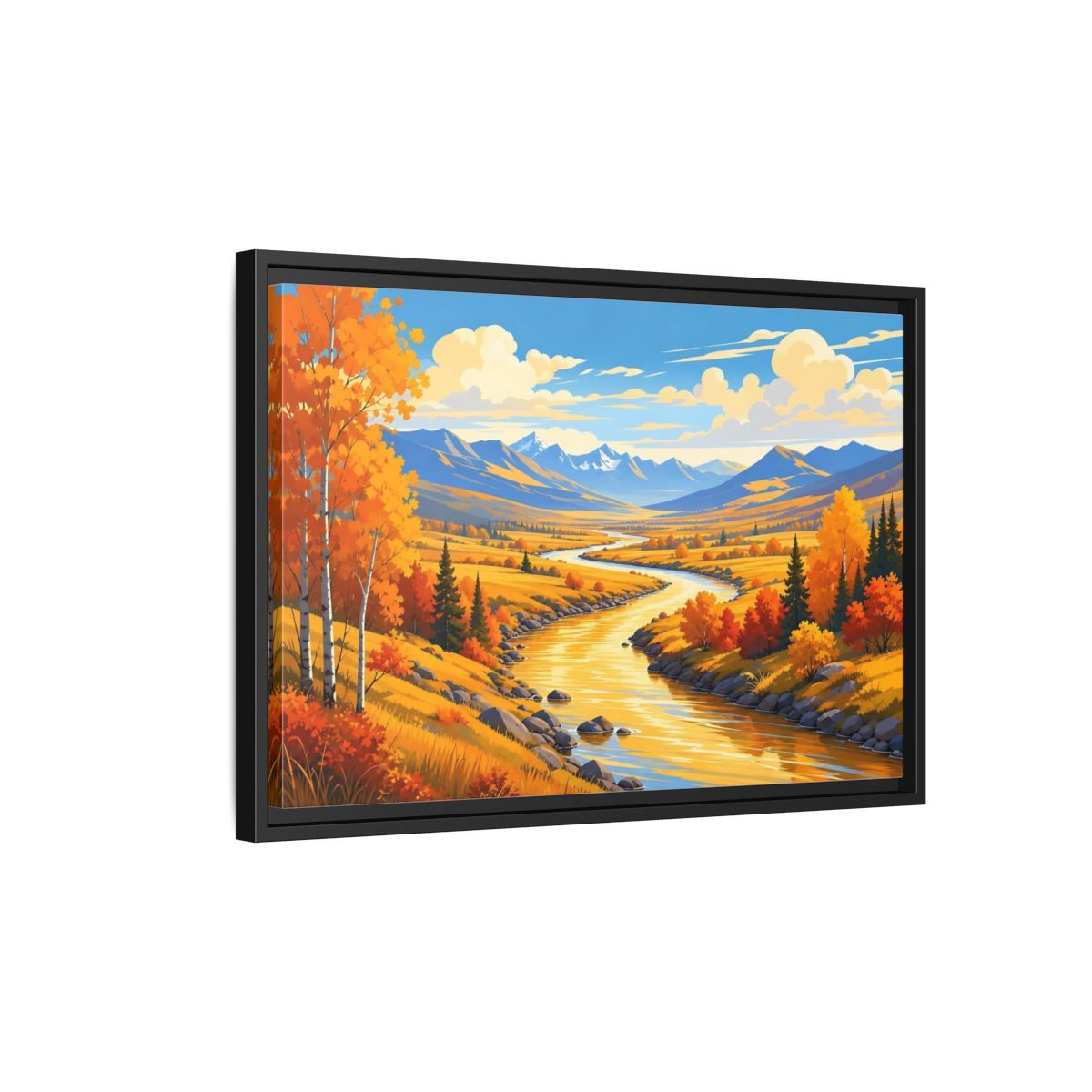 Side Mockup 3. Nature River Valley Golden Autumn shown as stretched canvas wall art