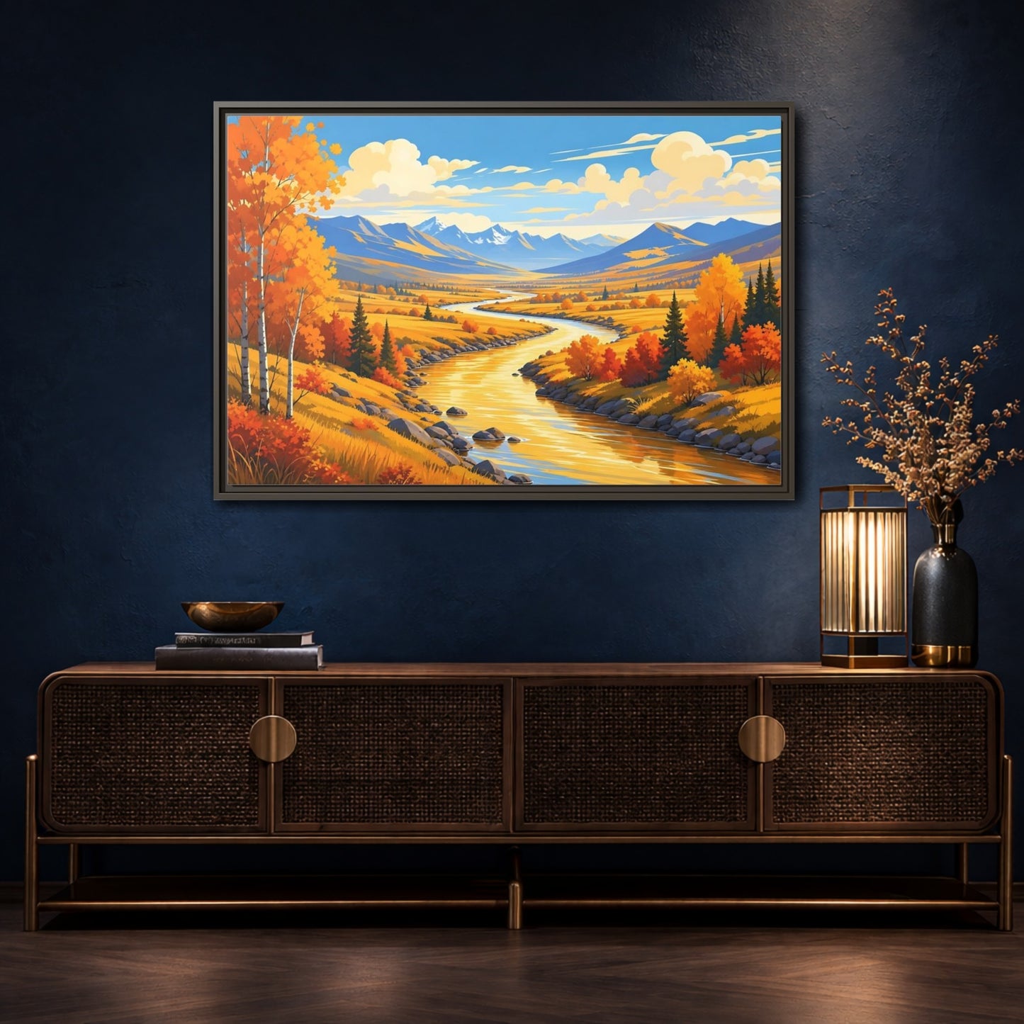 Mockup 4. Nature River Valley Golden Autumn shown as stretched canvas wall art