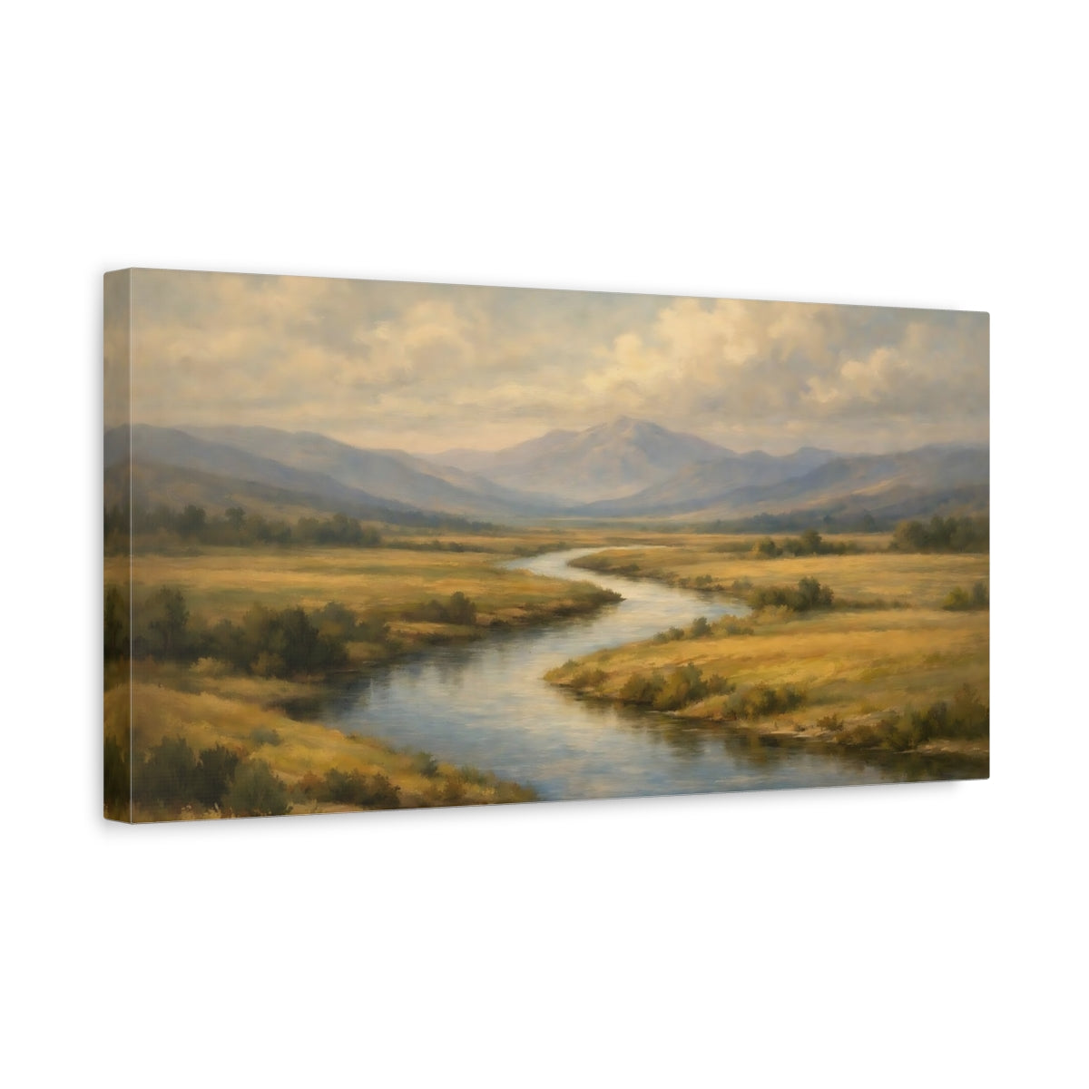 Side Mockup 3. Nature River Valley Golden River Valley shown as stretched canvas wall art