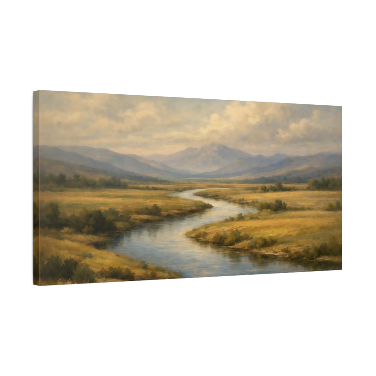 Side Mockup 2. Nature River Valley Golden River Valley shown as stretched canvas wall art