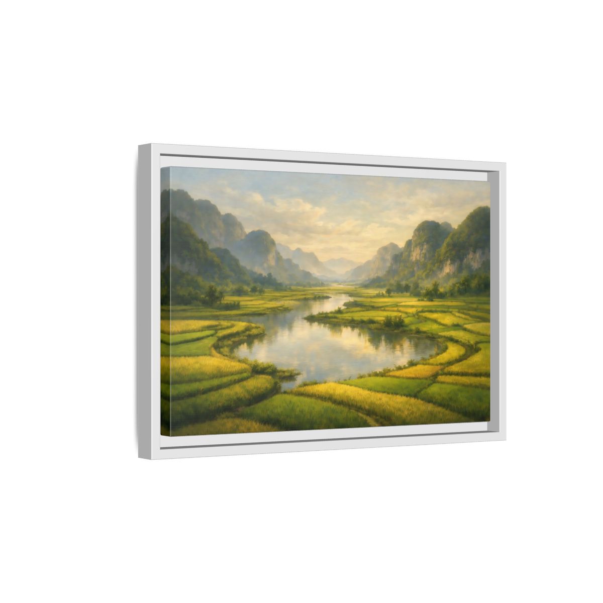 Side Mockup 4. Nature River Valley Green Valley shown as stretched canvas wall art
