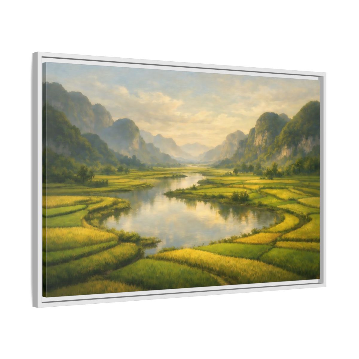 Side Mockup 8. Nature River Valley Green Valley shown as stretched canvas wall art