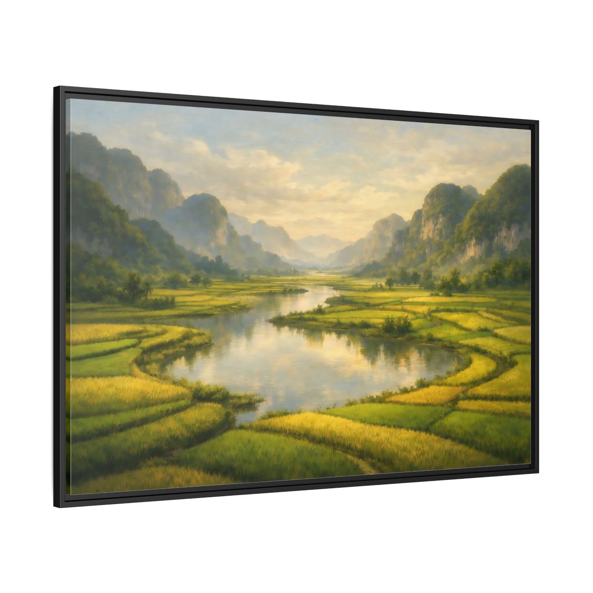 Side Mockup 12. Nature River Valley Green Valley shown as stretched canvas wall art