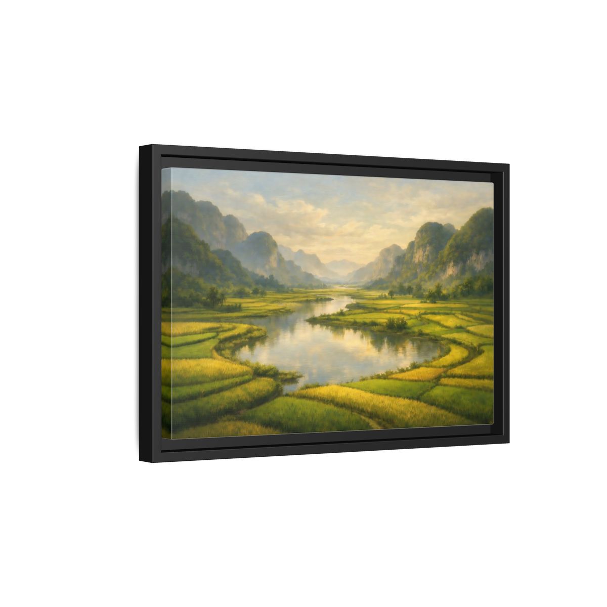 Side Mockup 6. Nature River Valley Green Valley shown as stretched canvas wall art