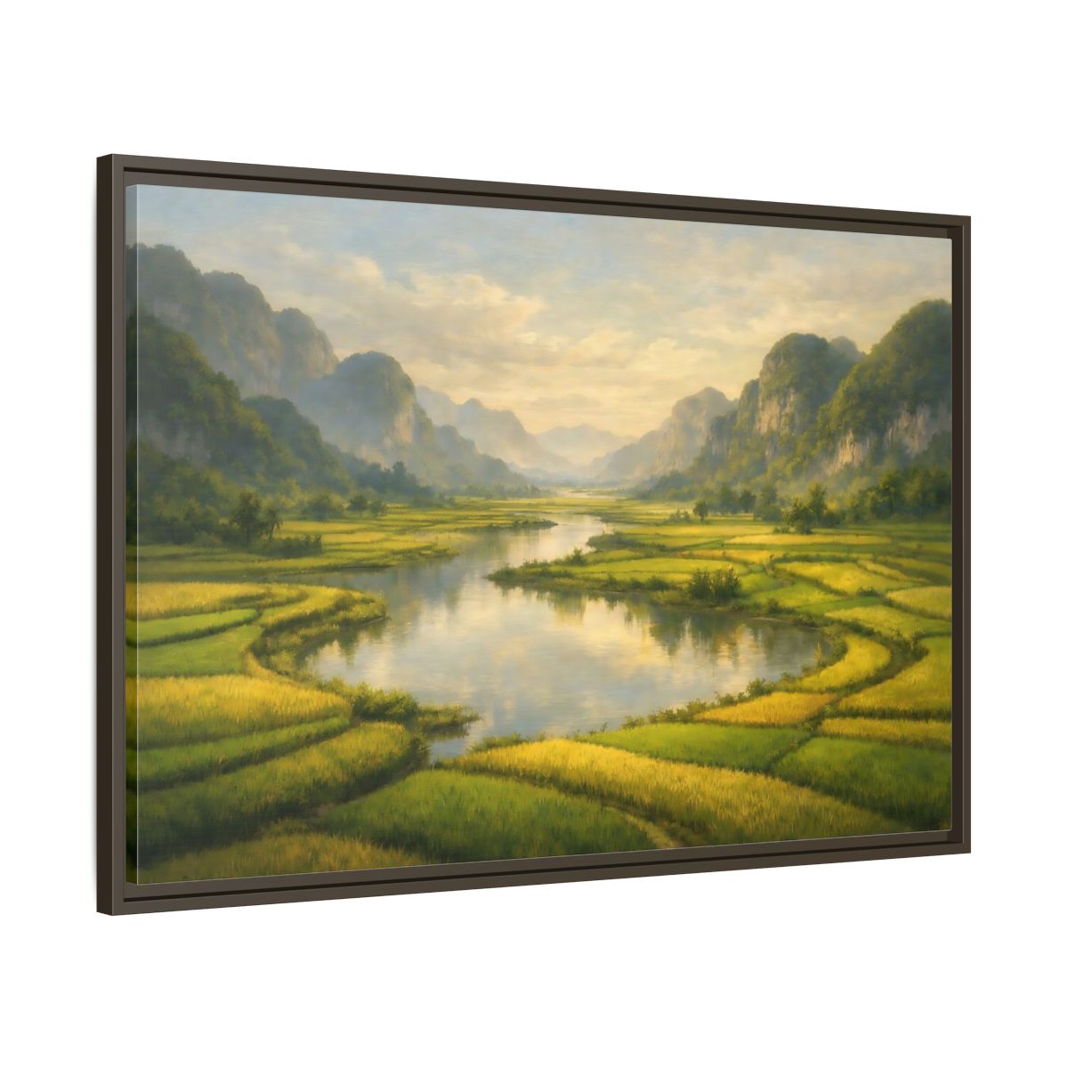 Side Mockup 9. Nature River Valley Green Valley shown as stretched canvas wall art