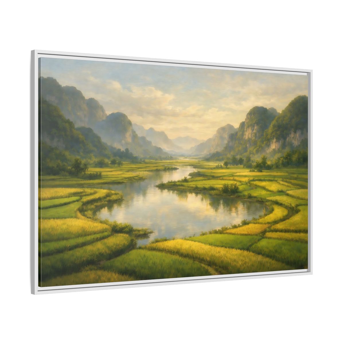 Side Mockup 7. Nature River Valley Green Valley shown as stretched canvas wall art