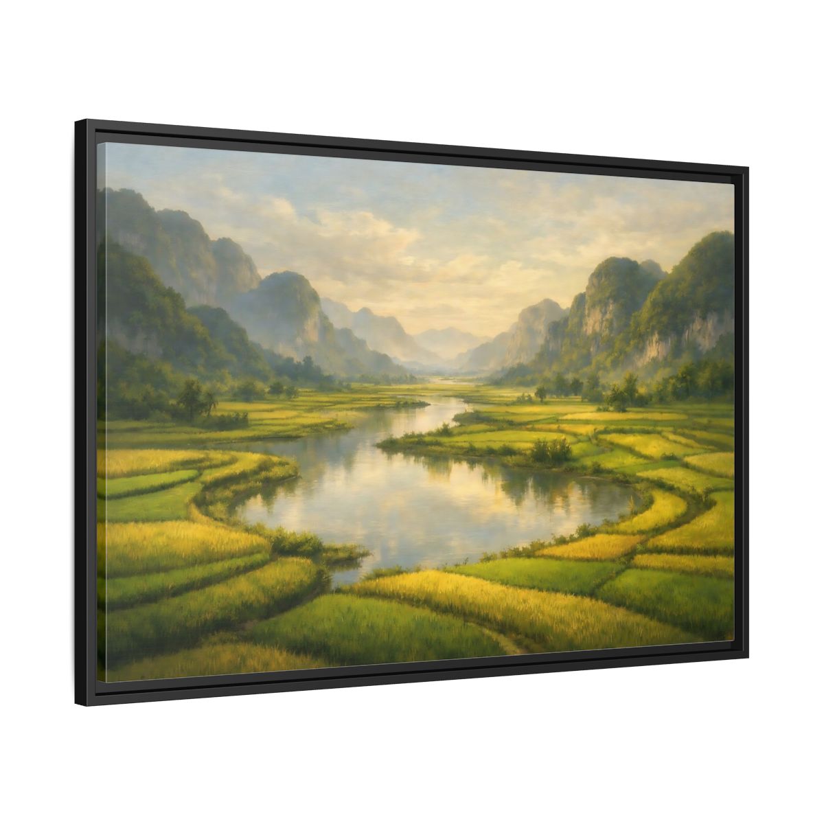 Side Mockup 13. Nature River Valley Green Valley shown as stretched canvas wall art