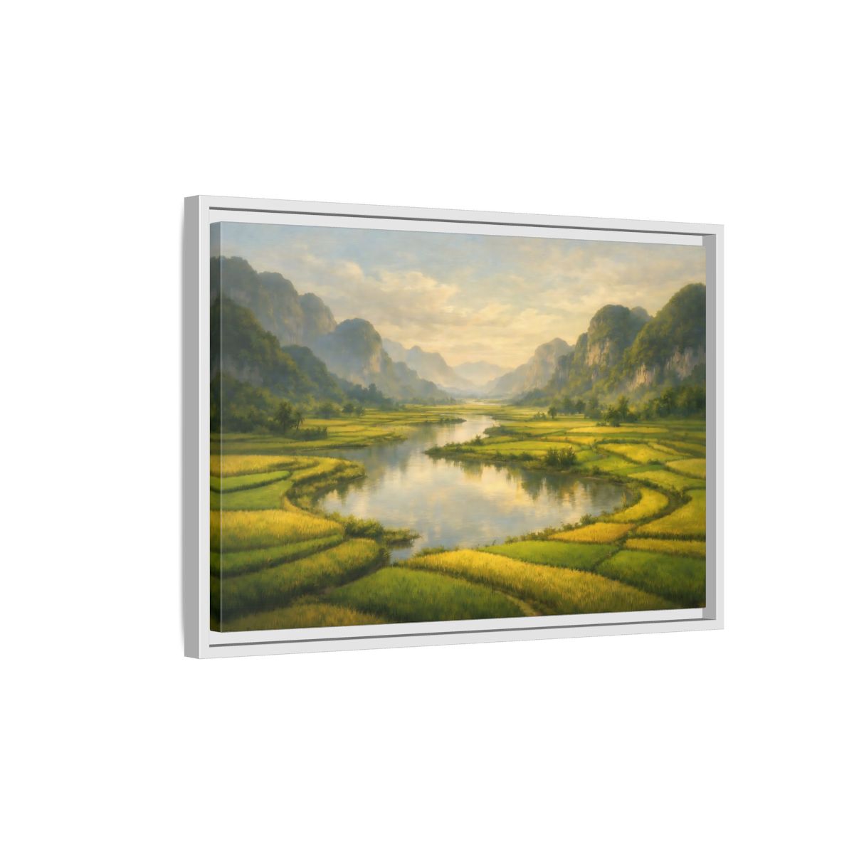 Side Mockup 1. Nature River Valley Green Valley shown as stretched canvas wall art