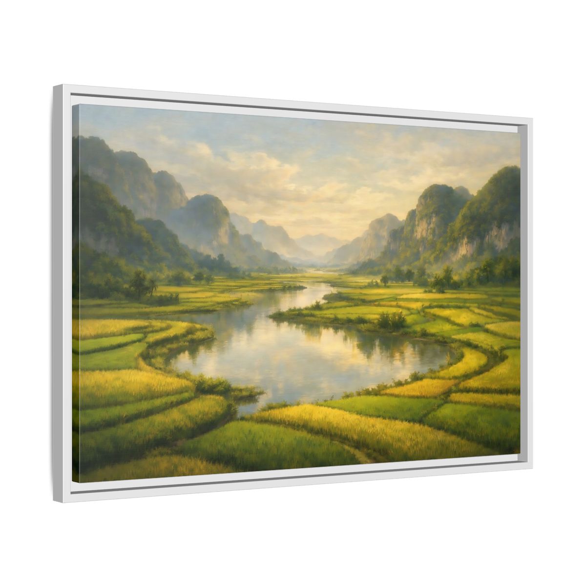 Side Mockup 10. Nature River Valley Green Valley shown as stretched canvas wall art