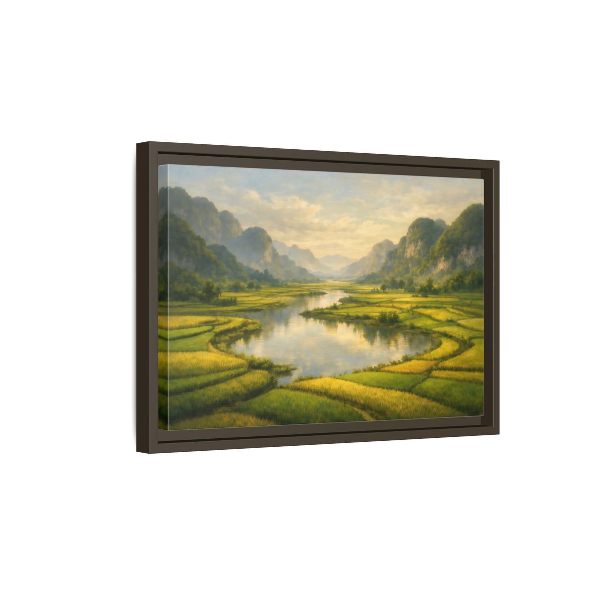 Side Mockup 5. Nature River Valley Green Valley shown as stretched canvas wall art