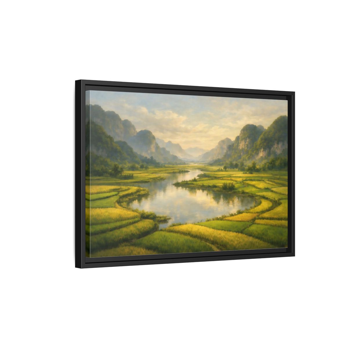 Side Mockup 3. Nature River Valley Green Valley shown as stretched canvas wall art