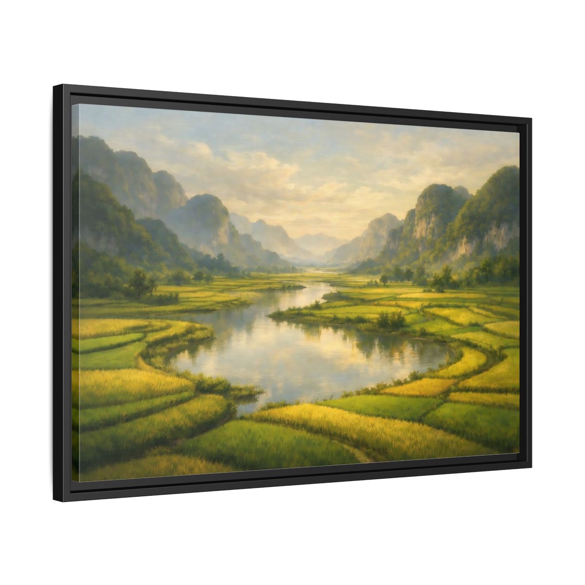 Side Mockup 14. Nature River Valley Green Valley shown as stretched canvas wall art