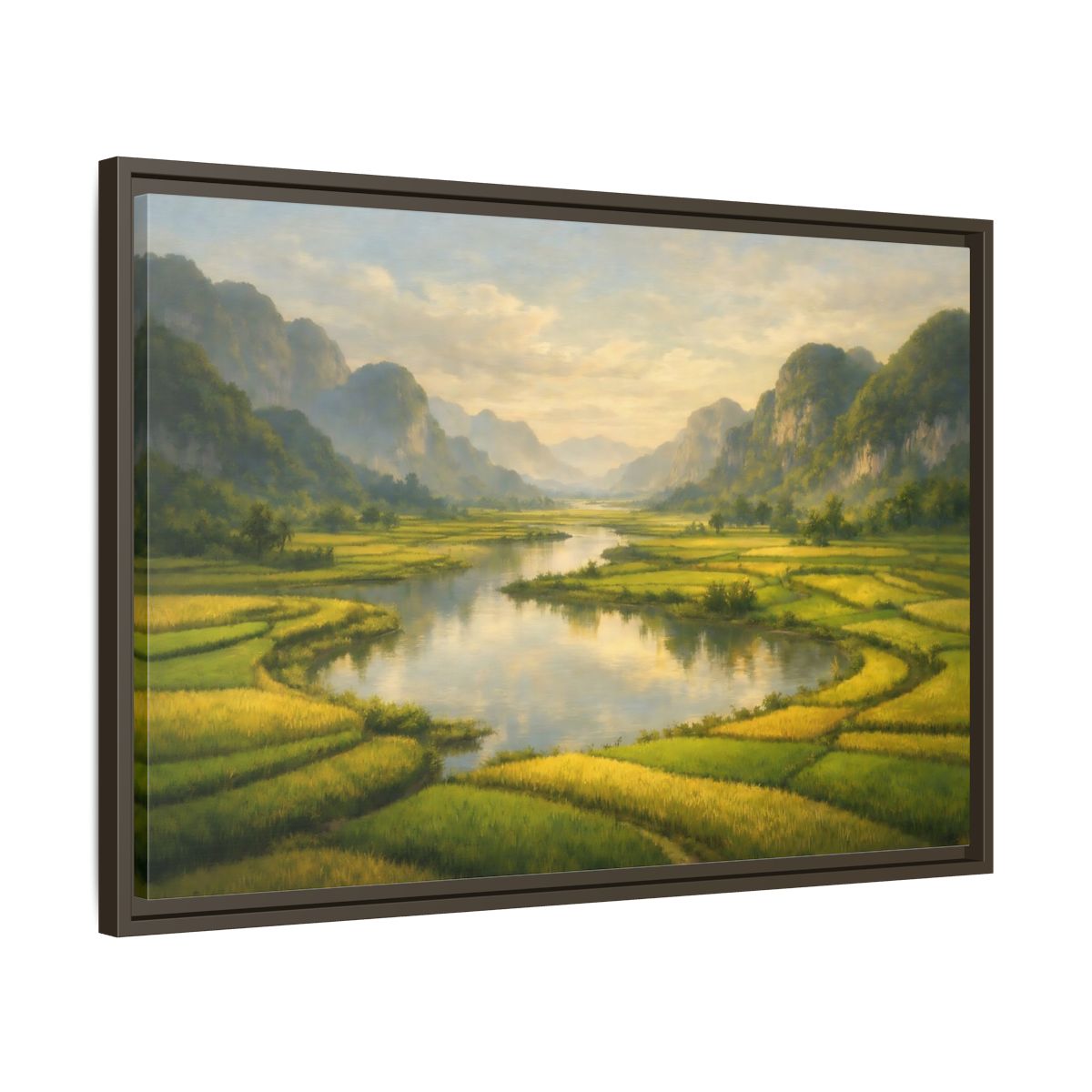 Side Mockup 11. Nature River Valley Green Valley shown as stretched canvas wall art