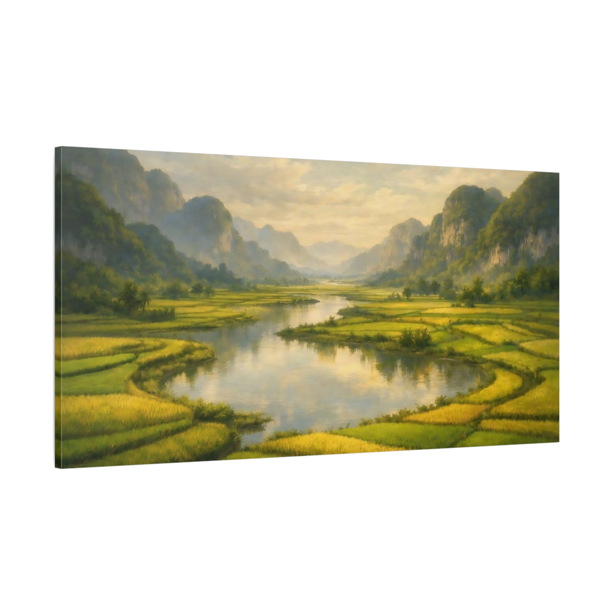 Main Mockup. Nature River Valley Green Golden Landscape shown as stretched canvas wall art