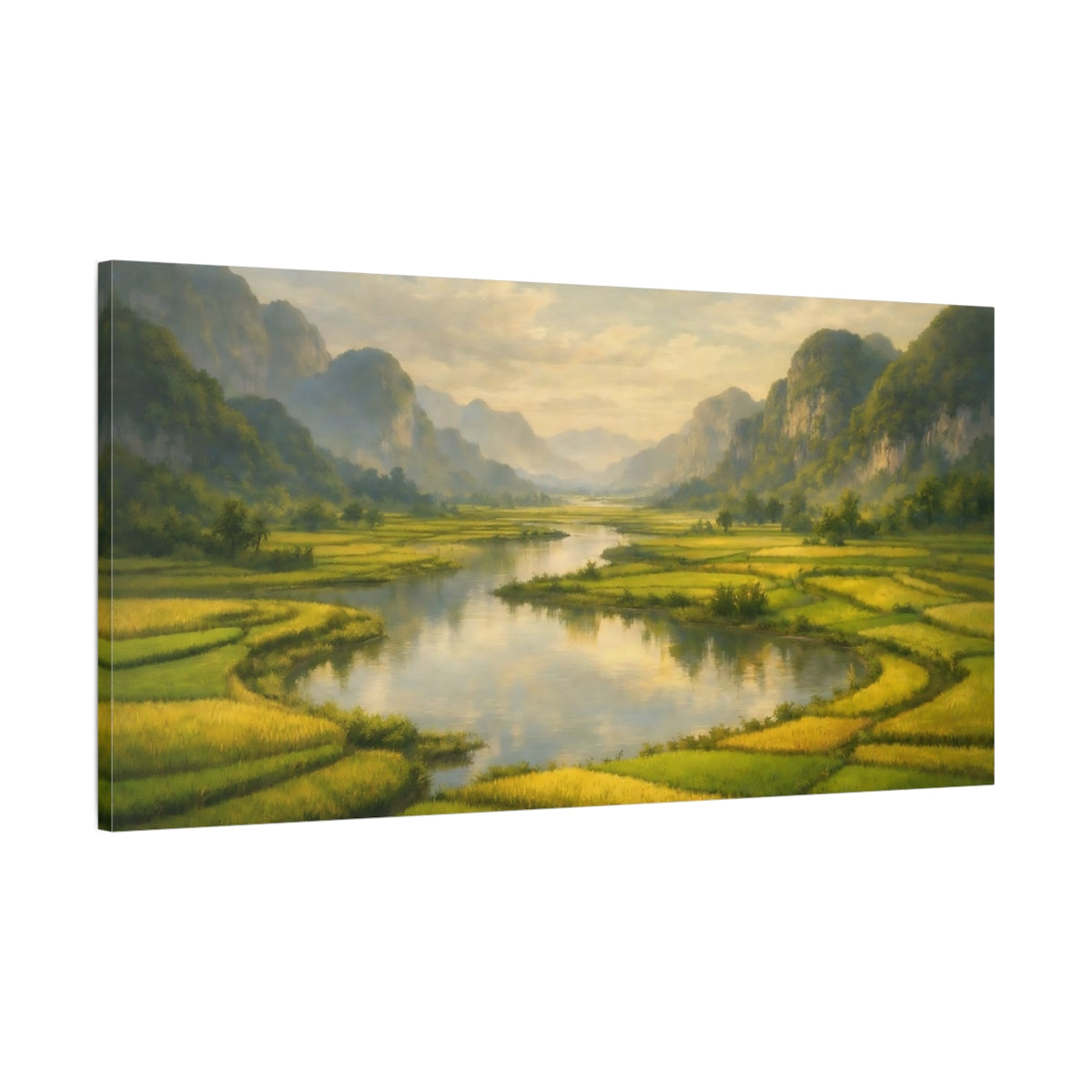 Side Mockup 1. Nature River Valley Green Golden Landscape shown as stretched canvas wall art