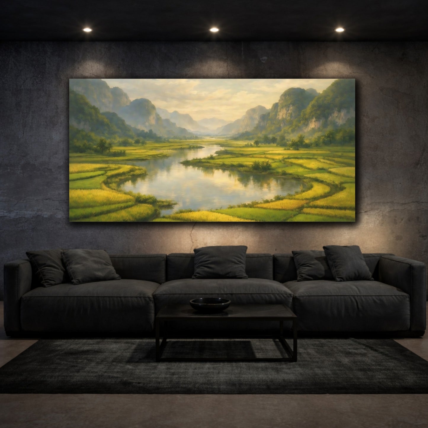 Mockup 2. Nature River Valley Green Golden Landscape shown as stretched canvas wall art