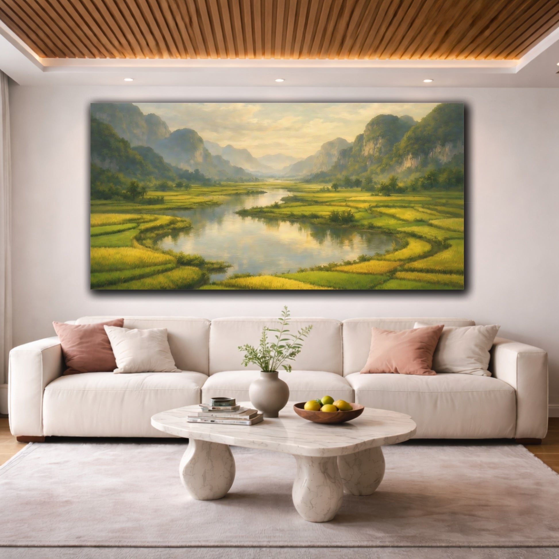 Mockup 3. Nature River Valley Green Golden Landscape shown as stretched canvas wall art