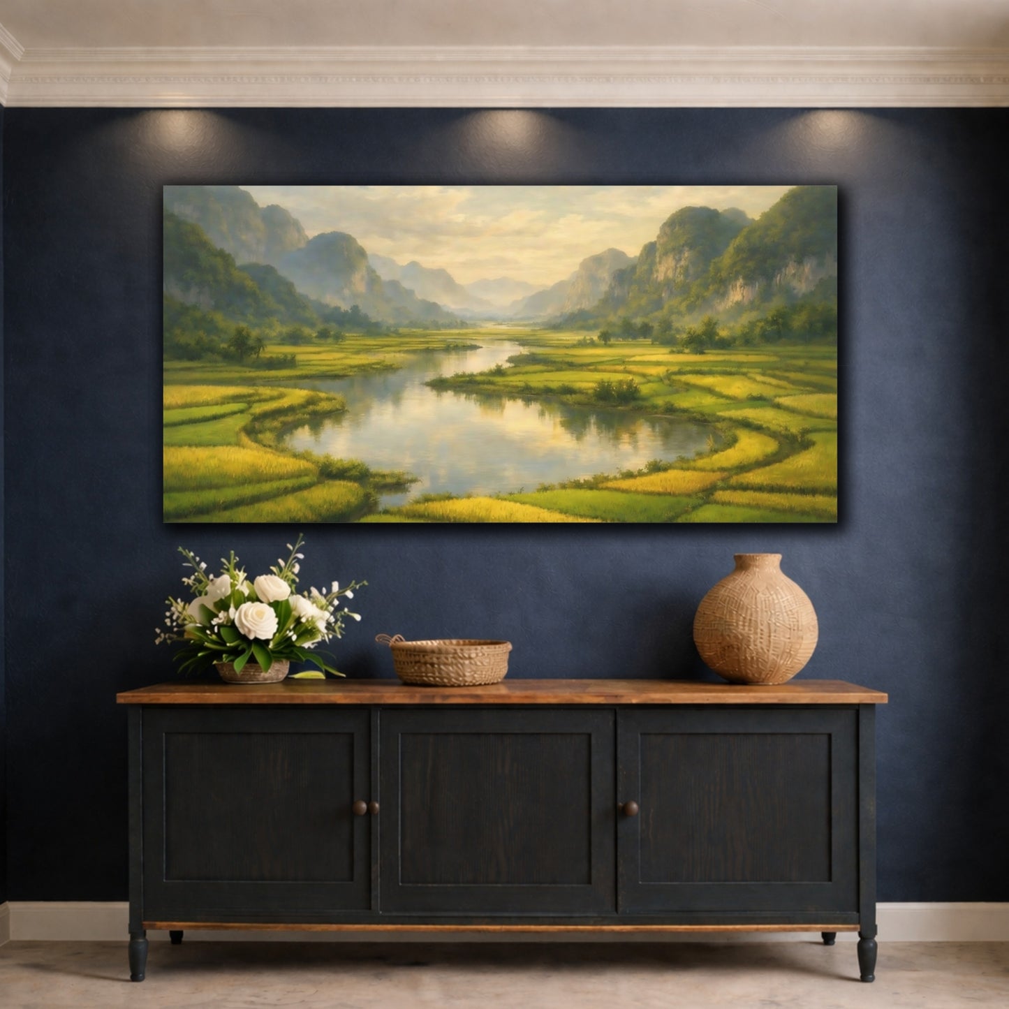 Mockup 4. Nature River Valley Green Golden Landscape shown as stretched canvas wall art