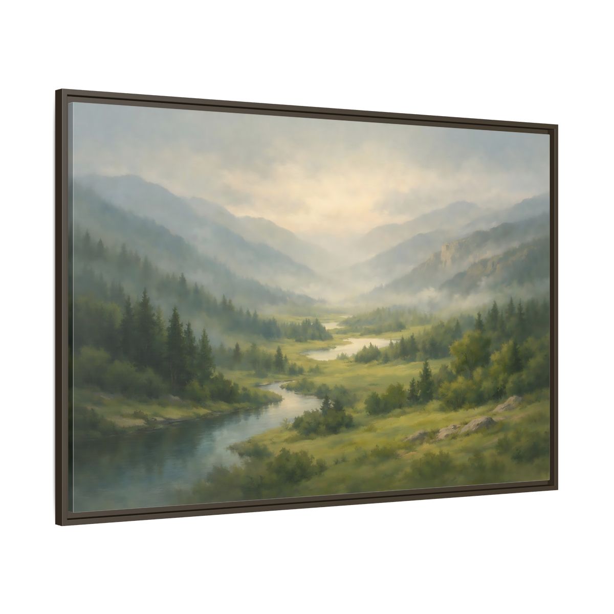 Main Mockup. Nature River Valley Green Mountain Landscape shown as stretched canvas wall art