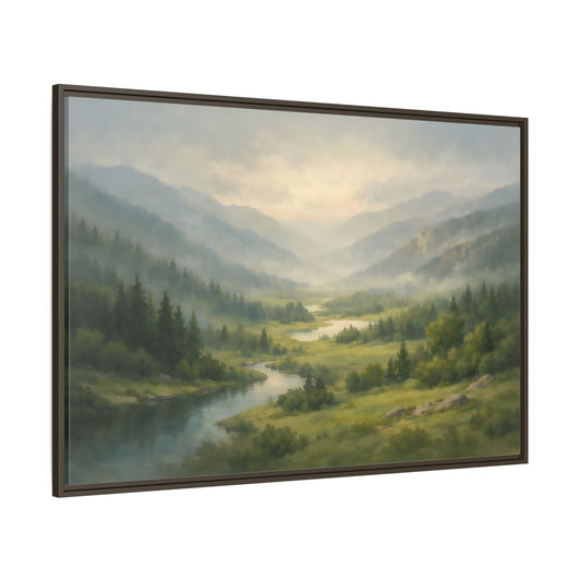 Main Mockup. Nature River Valley Green Mountain Landscape shown as stretched canvas wall art