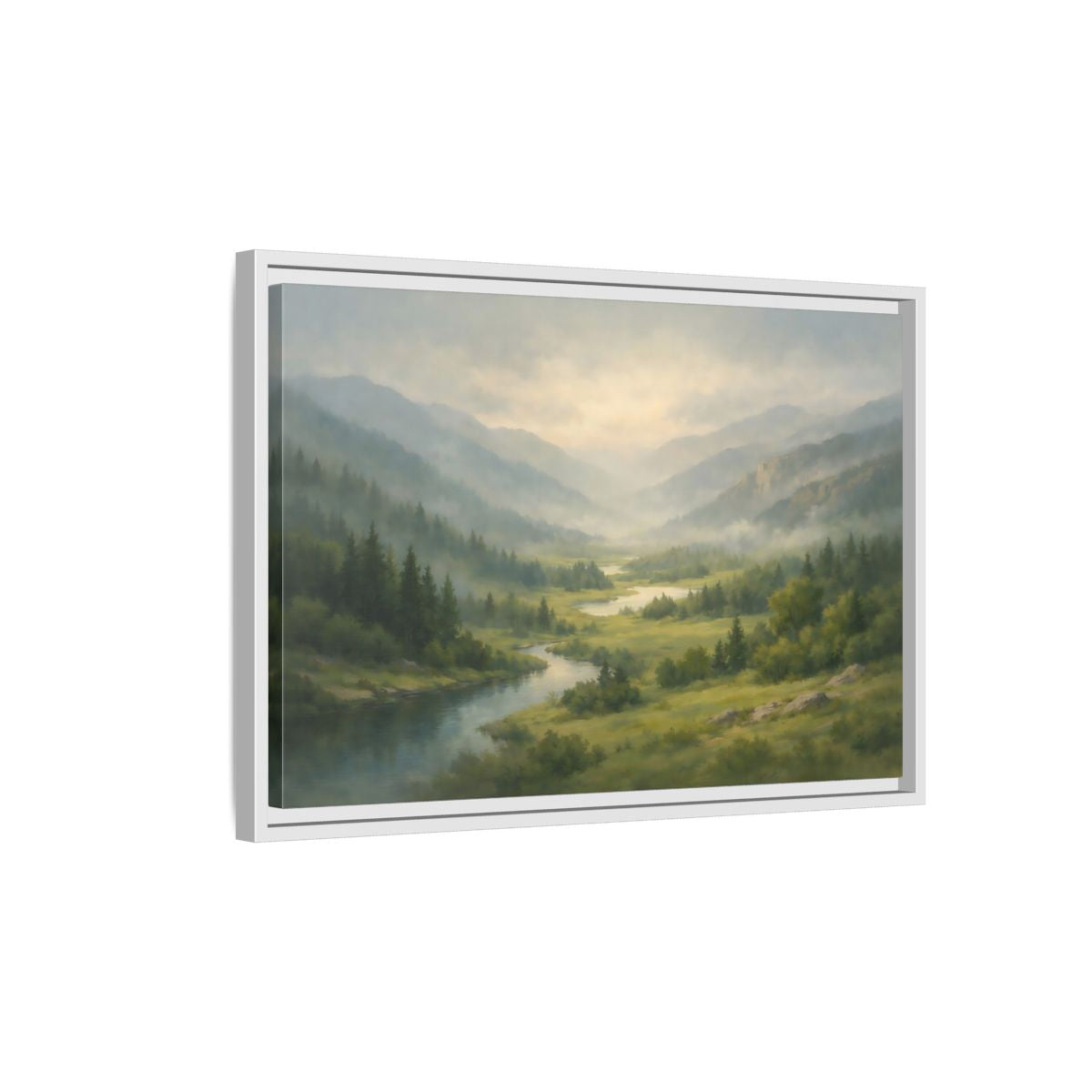 Side Mockup 1. Nature River Valley Green Mountain Landscape shown as stretched canvas wall art