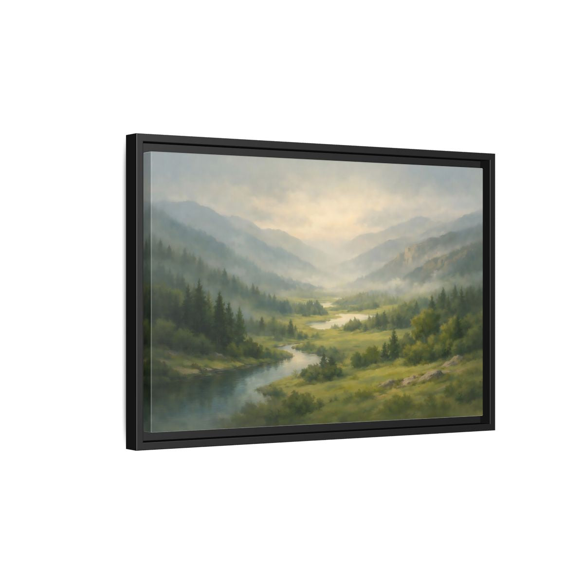 Side Mockup 3. Nature River Valley Green Mountain Landscape shown as stretched canvas wall art