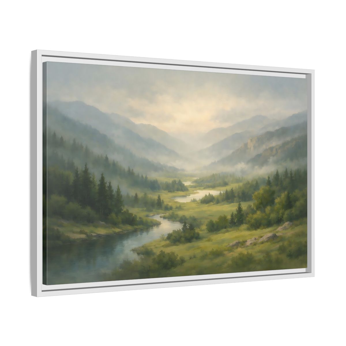 Side Mockup 10. Nature River Valley Green Mountain Landscape shown as stretched canvas wall art
