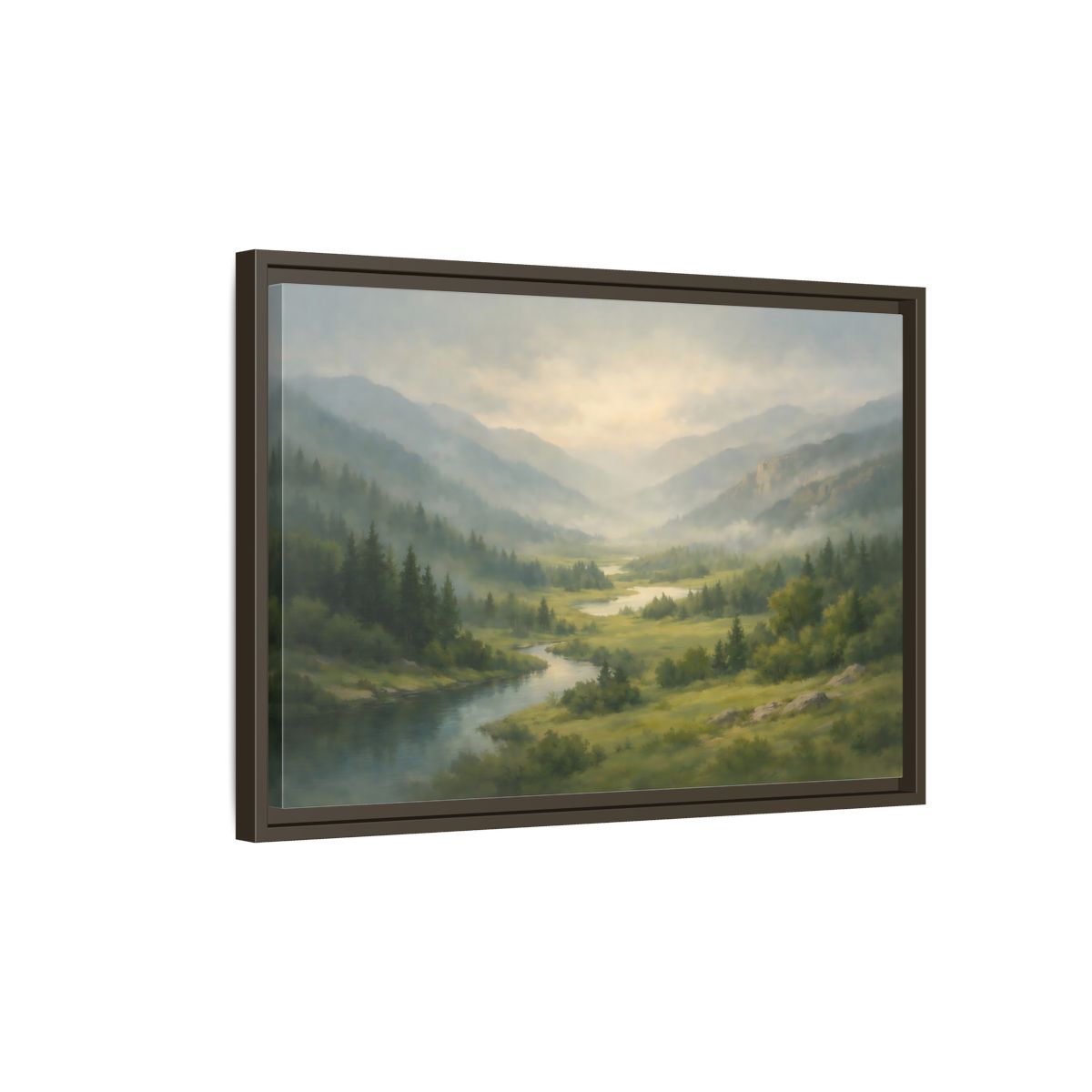 Side Mockup 2. Nature River Valley Green Mountain Landscape shown as stretched canvas wall art