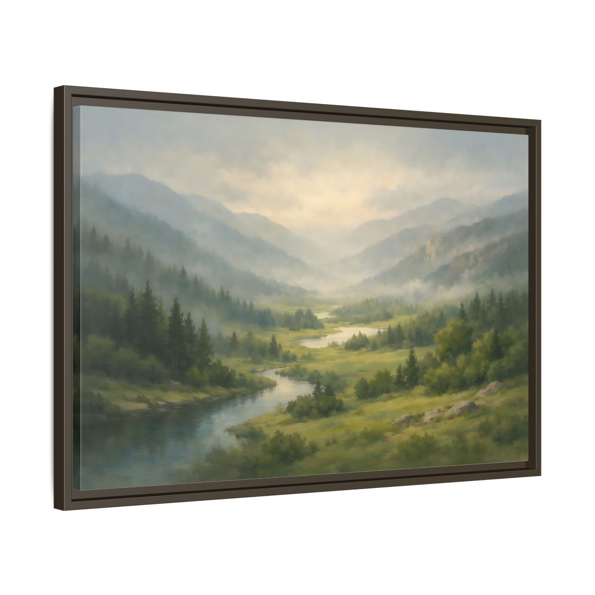 Side Mockup 11. Nature River Valley Green Mountain Landscape shown as stretched canvas wall art