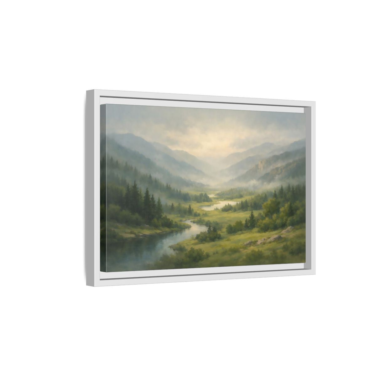 Side Mockup 4. Nature River Valley Green Mountain Landscape shown as stretched canvas wall art