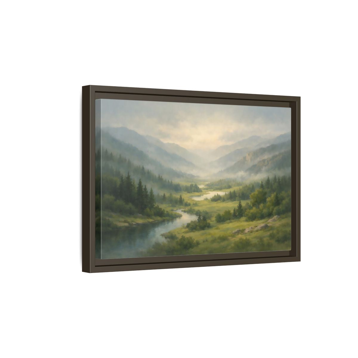 Side Mockup 5. Nature River Valley Green Mountain Landscape shown as stretched canvas wall art