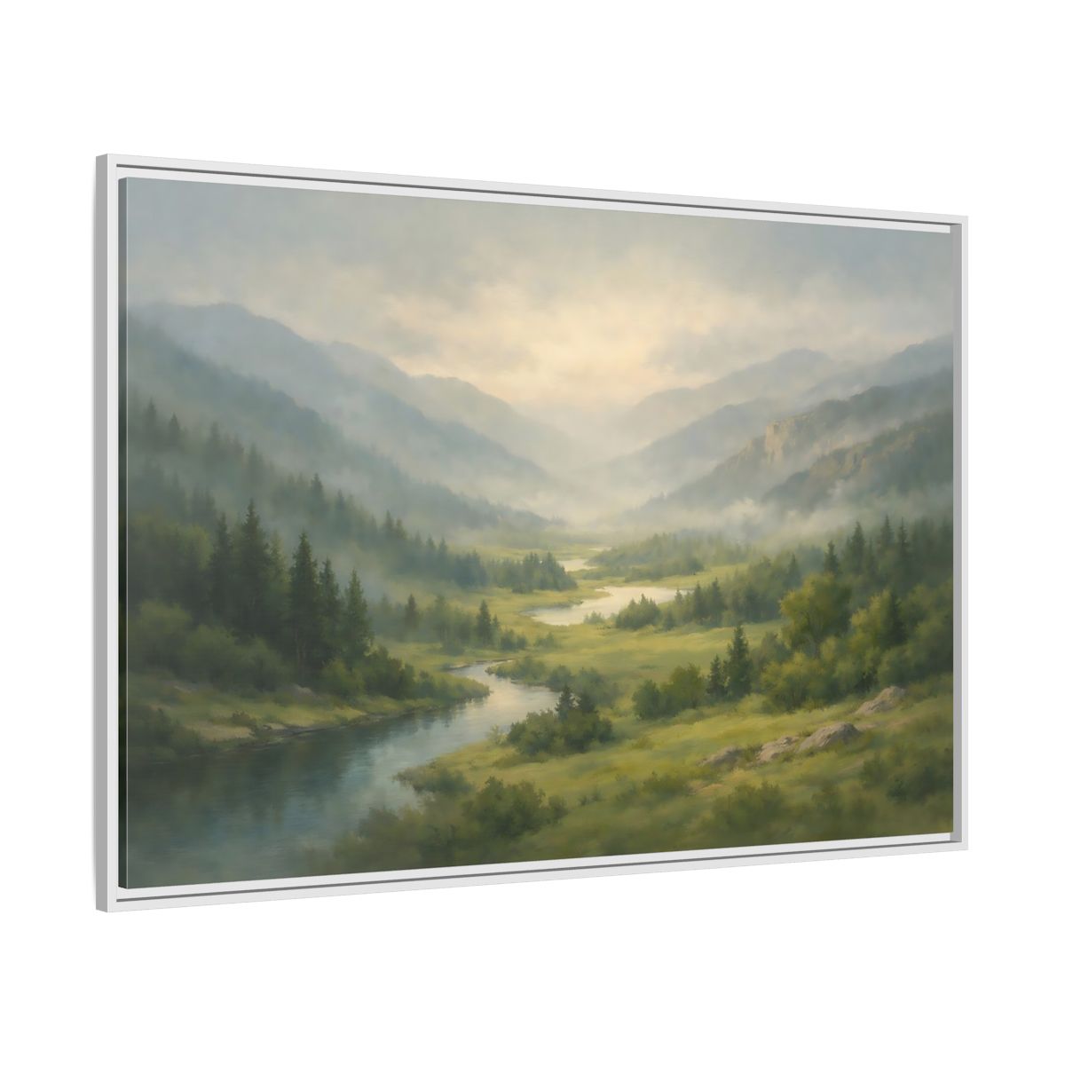 Side Mockup 7. Nature River Valley Green Mountain Landscape shown as stretched canvas wall art