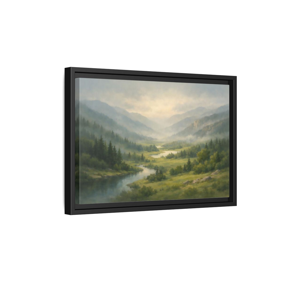 Side Mockup 6. Nature River Valley Green Mountain Landscape shown as stretched canvas wall art