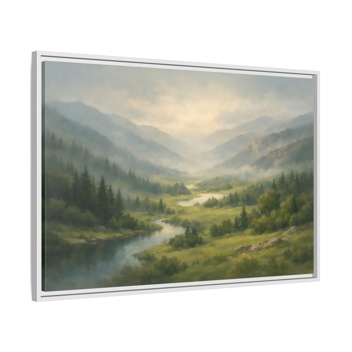 Side Mockup 8. Nature River Valley Green Mountain Landscape shown as stretched canvas wall art