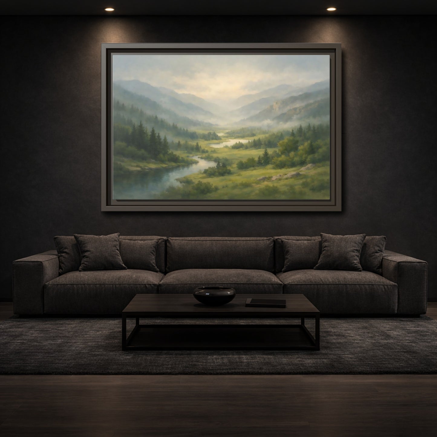 Mockup 2. Nature River Valley Green Mountain Landscape shown as stretched canvas wall art