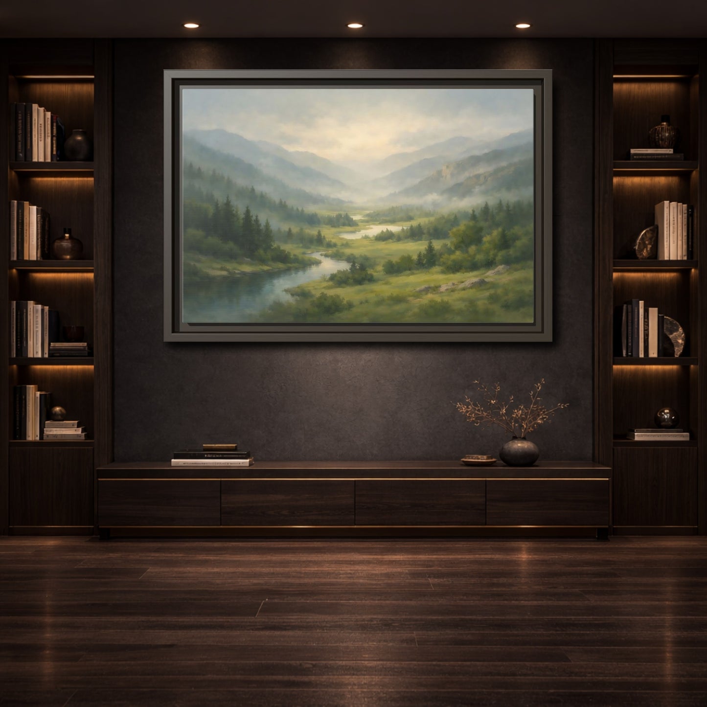 Mockup 3. Nature River Valley Green Mountain Landscape shown as stretched canvas wall art