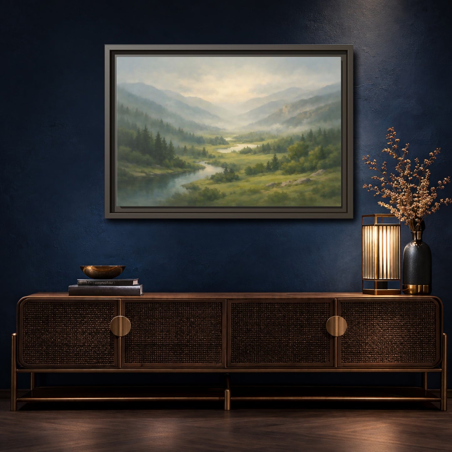 Mockup 4. Nature River Valley Green Mountain Landscape shown as stretched canvas wall art