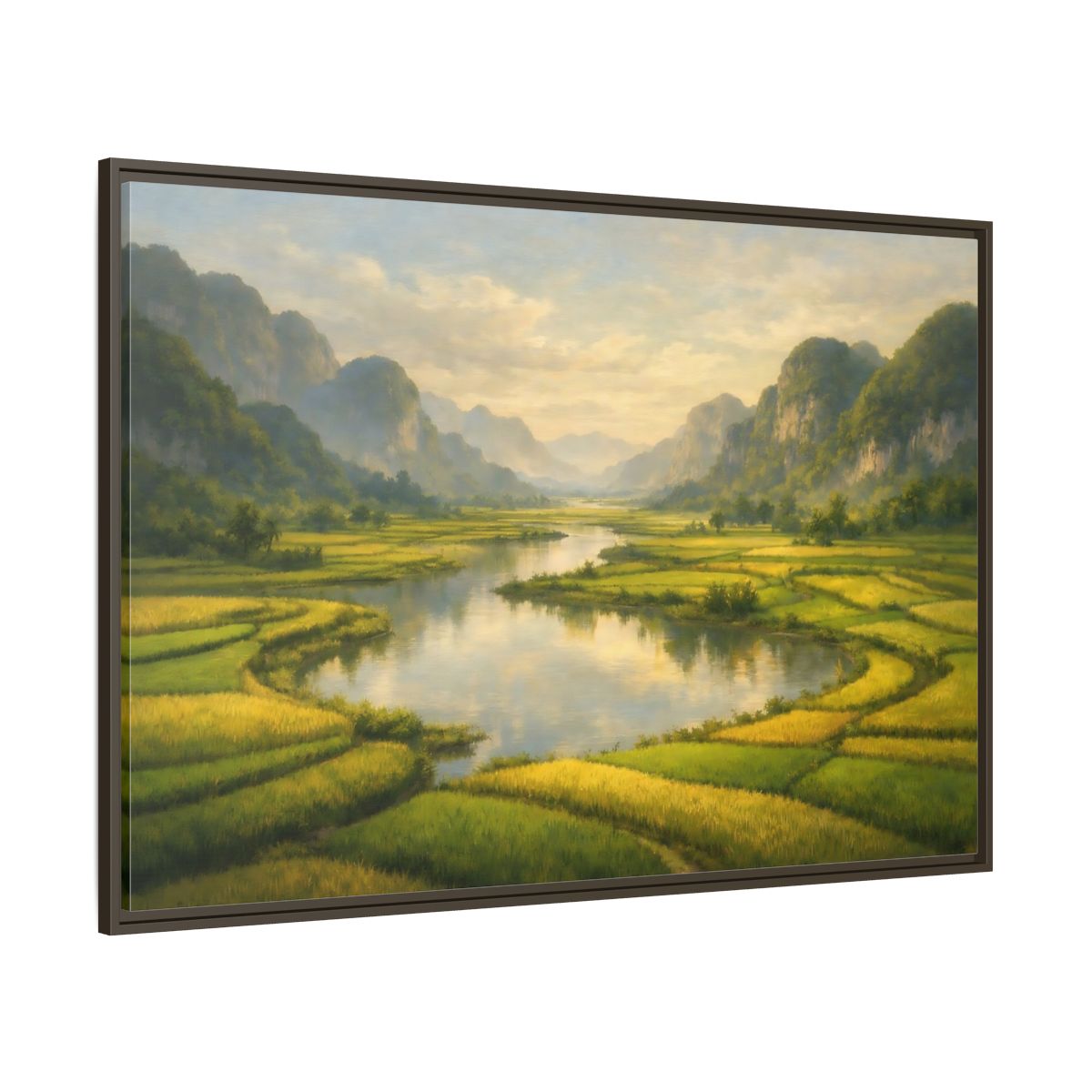 Main Mockup. Nature River Valley Green Valley shown as stretched canvas wall art