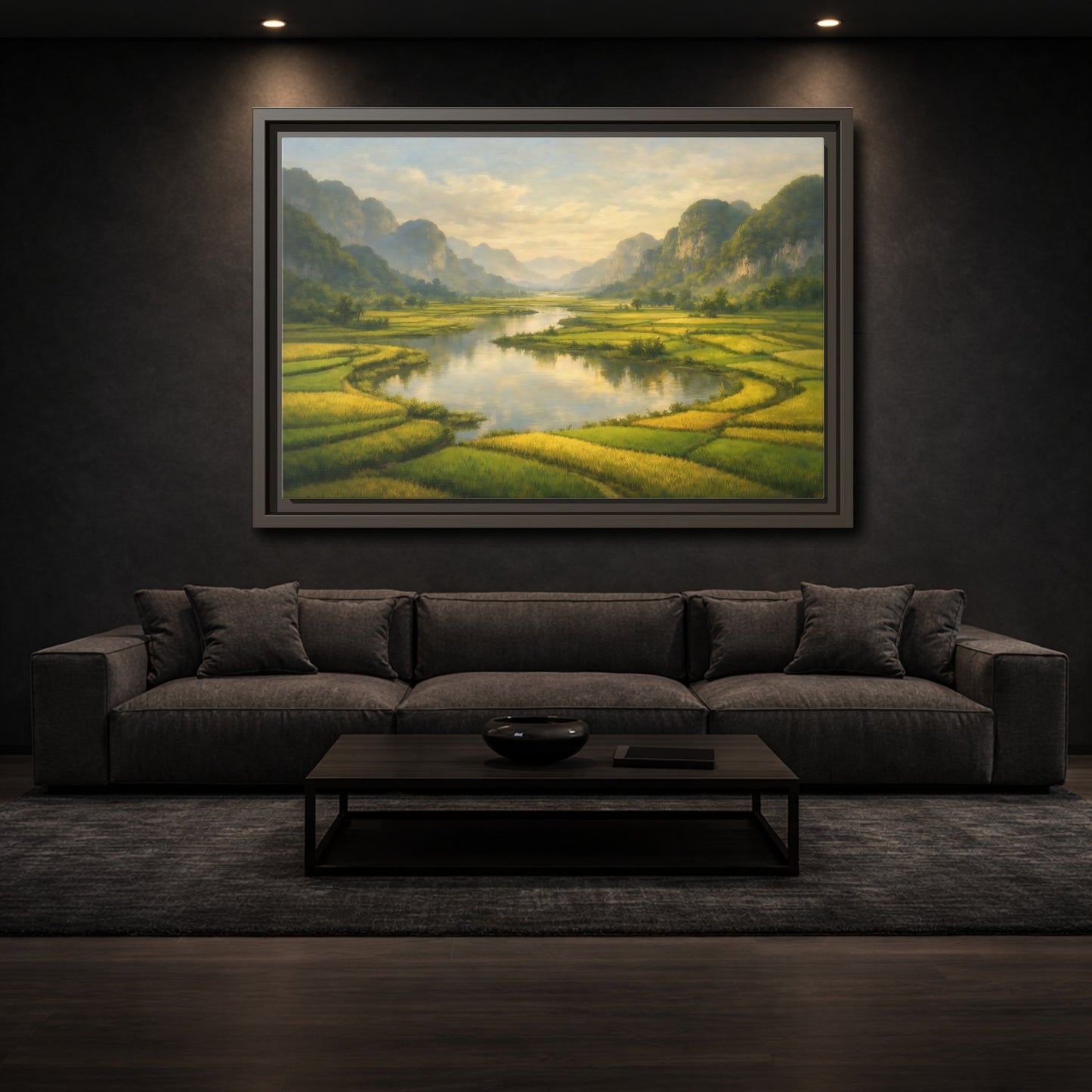 Mockup 2. Nature River Valley Green Valley shown as stretched canvas wall art