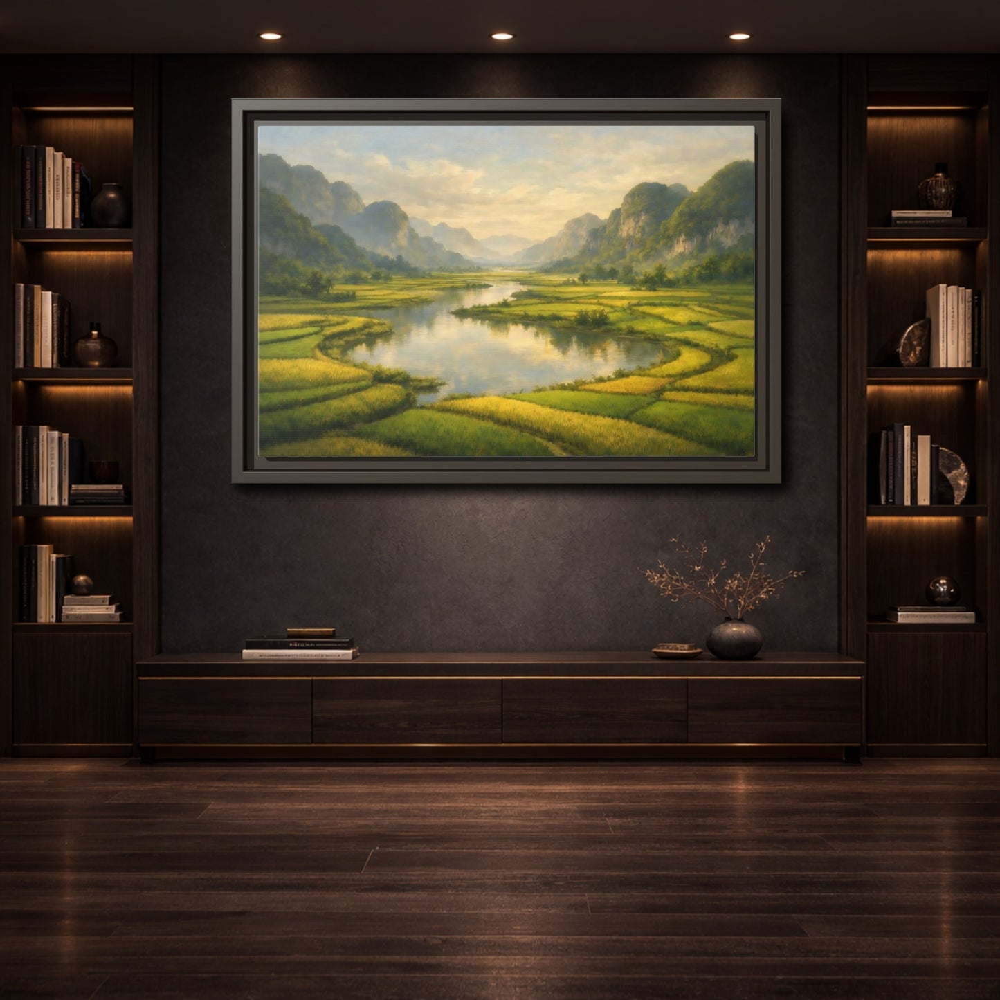 Mockup 3. Nature River Valley Green Valley shown as stretched canvas wall art