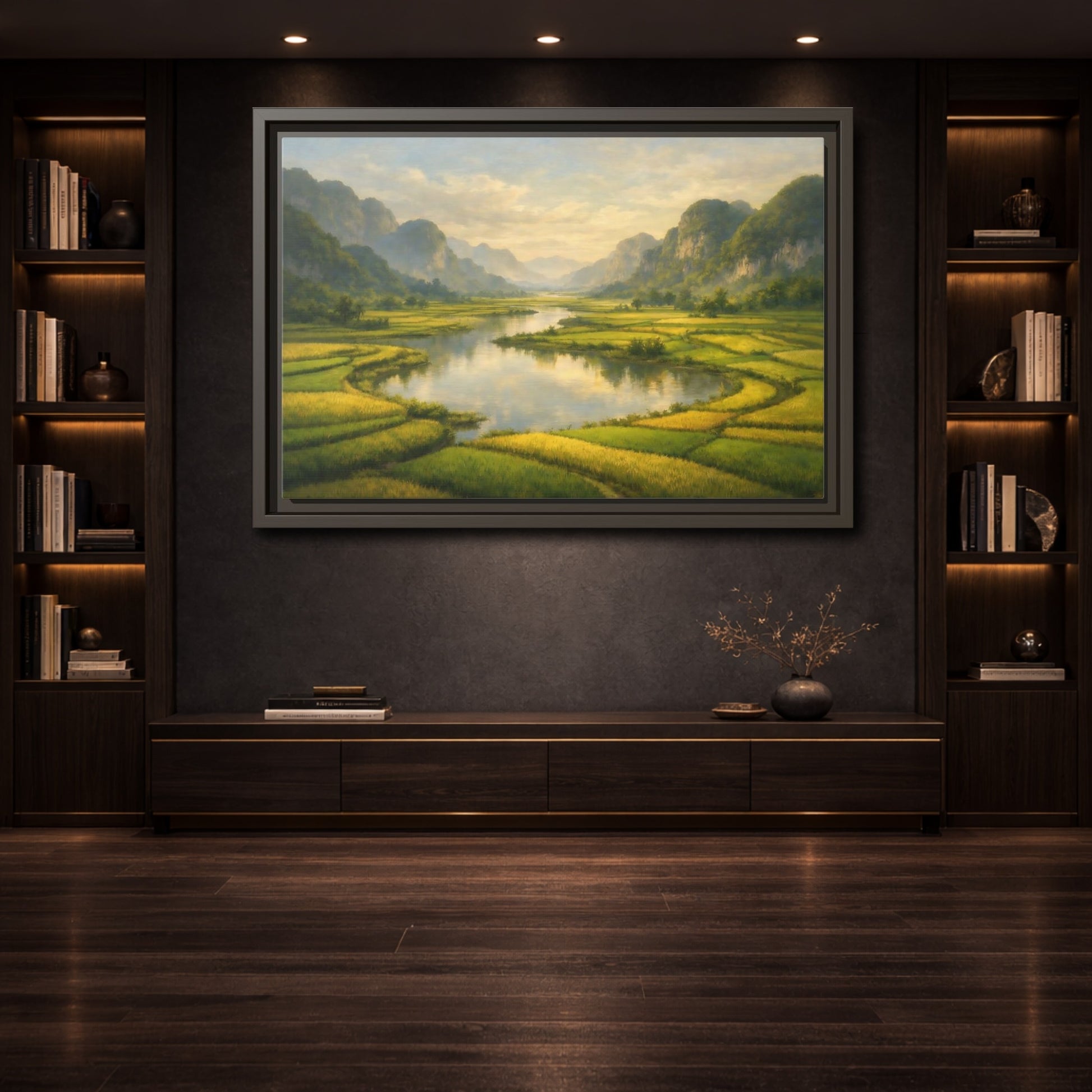 Mockup 3. Nature River Valley Green Valley shown as stretched canvas wall art
