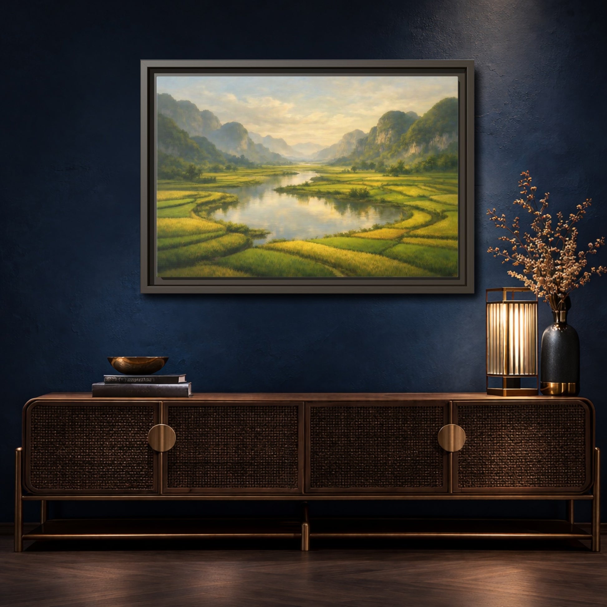 Mockup 4. Nature River Valley Green Valley shown as stretched canvas wall art