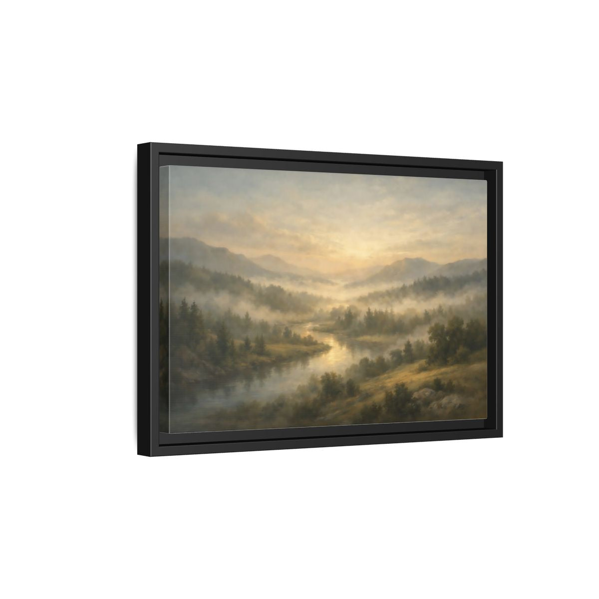 Side Mockup 6. Nature River Valley Misty River Landscape shown as stretched canvas wall art