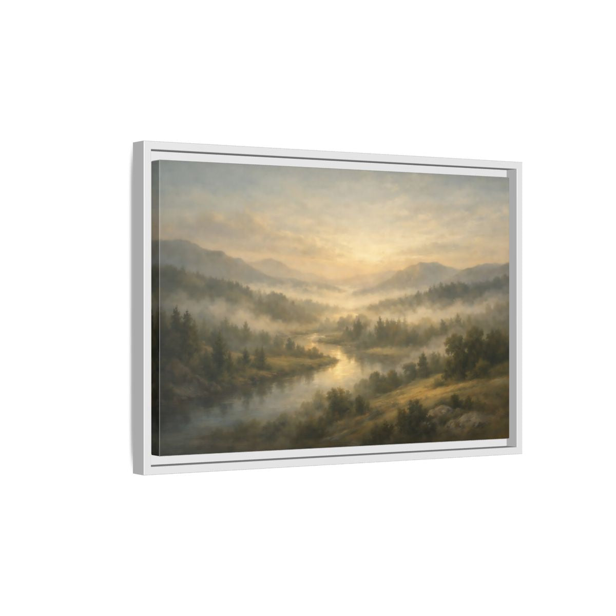 Side Mockup 1. Nature River Valley Misty River Landscape shown as stretched canvas wall art