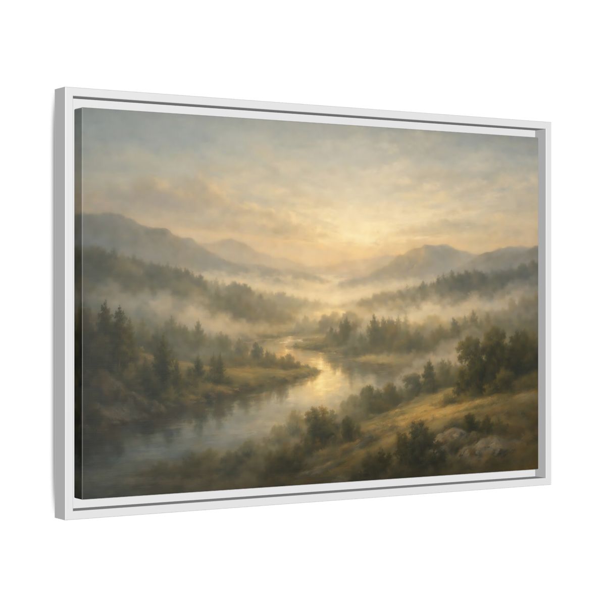 Side Mockup 10. Nature River Valley Misty River Landscape shown as stretched canvas wall art